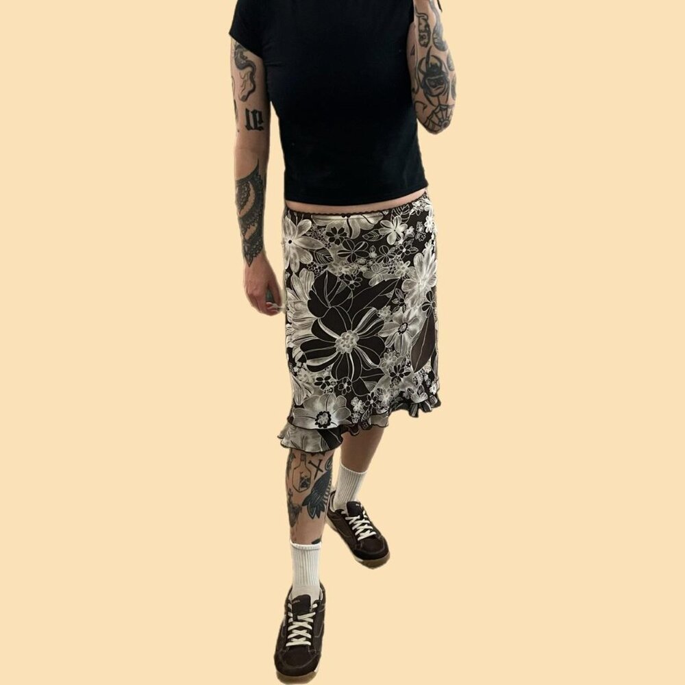 y2k brown floral girly boho granola midi skirt